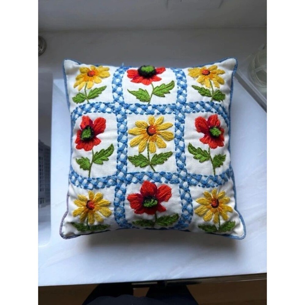 Vintage hand embroidered floral pillow